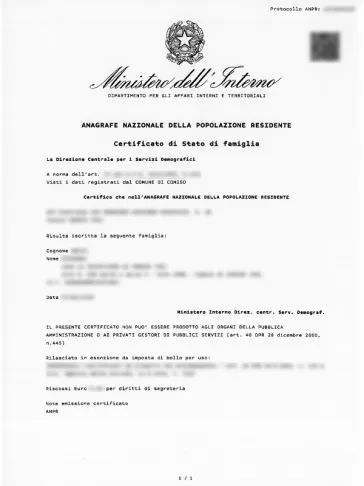 Certificato Stato di Famiglia
