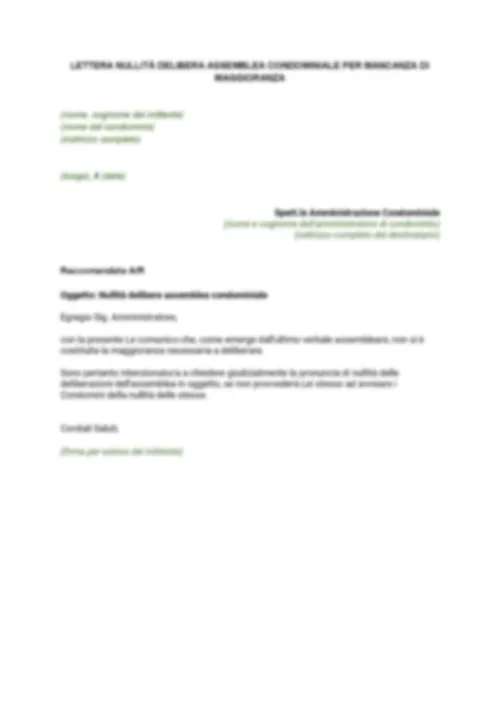 LETTERA NULLITÀ DELIBERA ASSEMBLEA CONDOMINIALE PER MANCANZA DI MAGGIORANZA